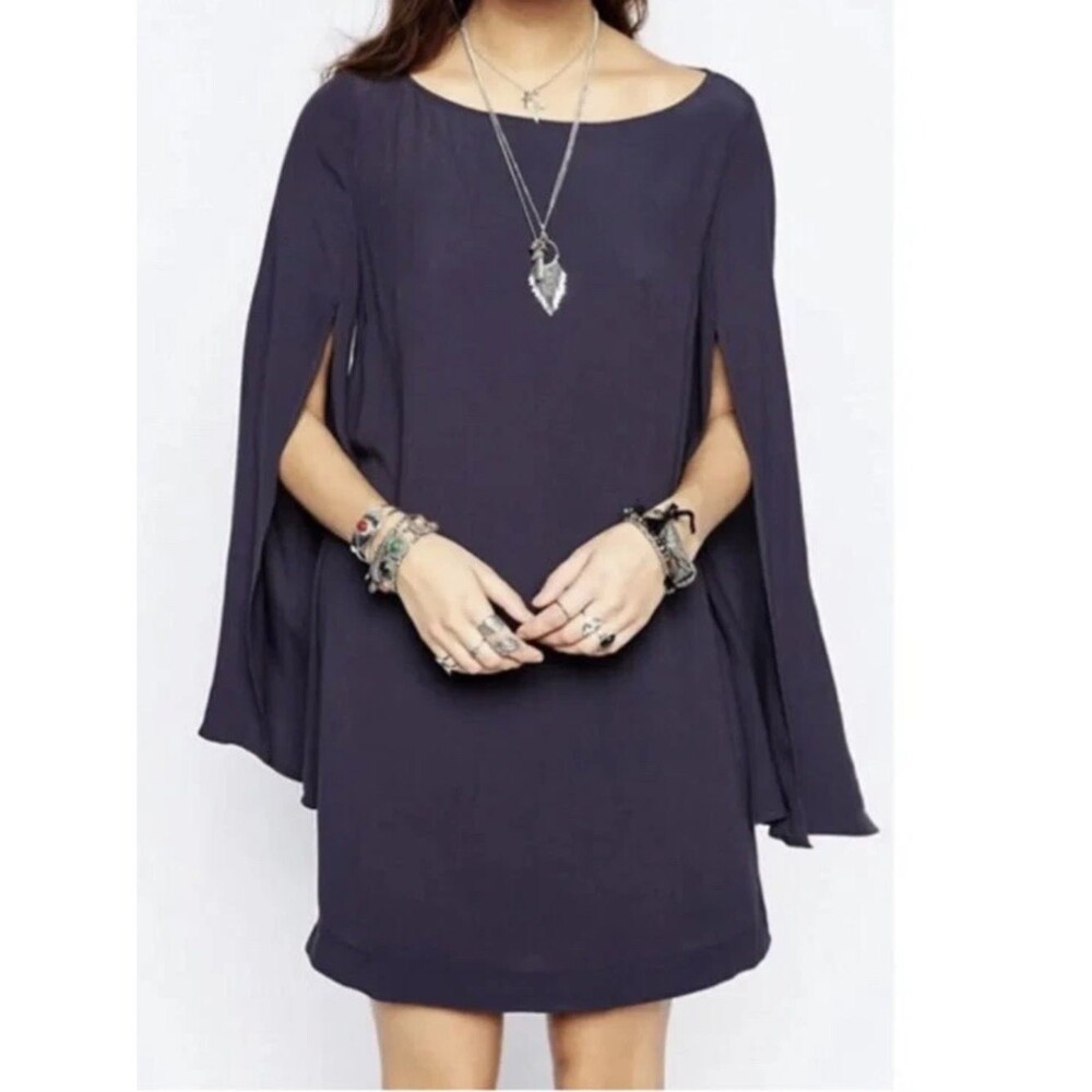 Free People Navy Blue Mini Shirt Dress Split Kimono Sleeve Size Medium